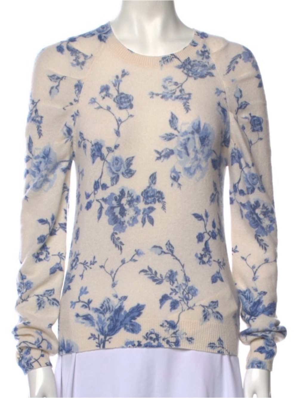 Minnie Rose cashmere Cream Crewneck Sweater with Blue Floral Motif